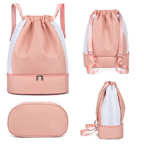 Keyck Bolsas de Cuerdas Mochila Mujer Chica, Gym Sack Impermeable Saco Gimnasia con Compartimento Zapatos y Bolsillo Húmedo, Oxford Drawstring Backpack Para Deporte Playa Escuela Viajes, Rosado