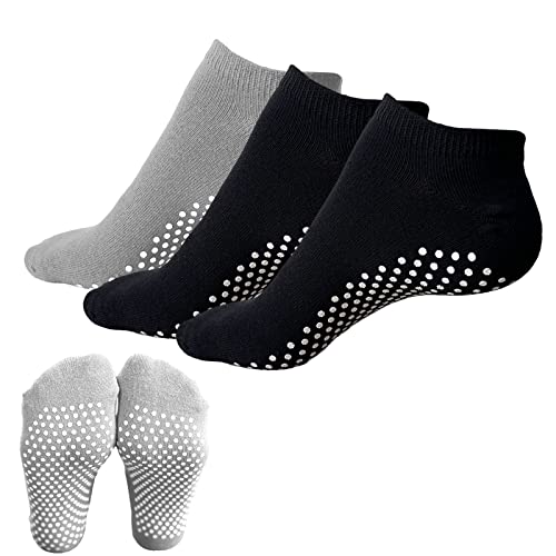 KEYRI 3 Pares Comodos Calcetines Yoga Pilates Para Mujeres y Hombres Calcetines Artes Marciales Calcetín Tobillero Deportivo Con Puntos Antideslizantes,Talla única (2 Negros + 1 Gris)