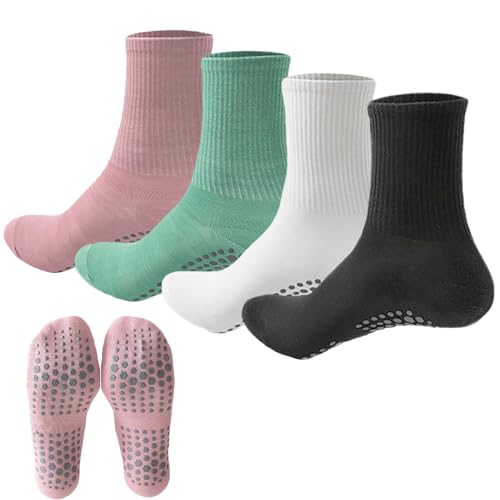 KEYRI 4 Pares Calcetines para Mujer Calcetines Antideslizantes, Calcetines de Entrenamiento de Talla Única, Calcetines Atléticos para Yoga, Pilates, Ballet, Deportes (Rosa+Cian+Blanco+Negro)