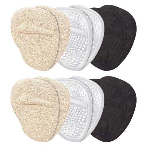 KEYRI 6 Pares Cojines de Pie Almohadillas Metatarsianas Plantillas de Antepié，Almohadillas Plantares Invisibles Disponible Plantillas de Silicona para Todos Los Zapato (2 Claro+2 Beige+2 Negro)