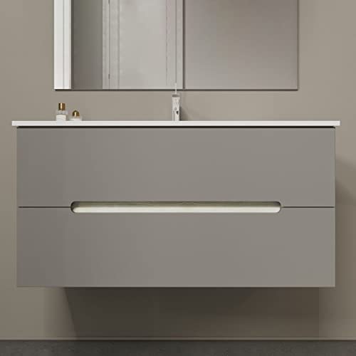 Kiamami Valentina Mueble de baño con cajones Gris Mate, Laterales de Roble Blanco de 100cm | Magnolia