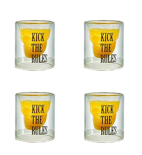 KICK THE RULES - Pack de 4 Chupitos Calavera Premium - Elaborados en Vidrio con Doble Pared - Ideal para cualquier Celebración - Vasos de Chupito de 25 mL