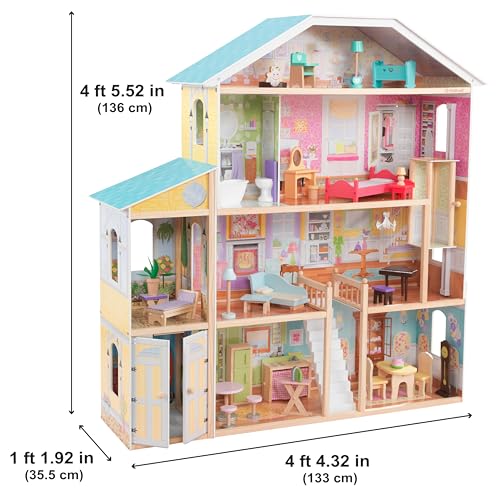 KidKraft Casa de muñecas de Madera Majestic Mansion para muñecas de 30 cm con Muebles y Accesorios, Casita de Juguete con Gato, Ascensor y Garaje, 4 Niveles de Juego (65252) Exclusivo en Amazon