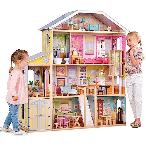 KidKraft Casa de muñecas de Madera Majestic Mansion para muñecas de 30 cm con Muebles y Accesorios, Casita de Juguete con Gato, Ascensor y Garaje, 4 Niveles de Juego (65252) Exclusivo en Amazon