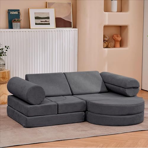 Kids Couch Sofá de lujo de 14 piezas, muebles modulares para adultos, juego de casa de juegos para niños pequeños, sofá modular de espuma, sofá modular, beige arena, 144,8 x 71,1 x 45,7 cm (gris)