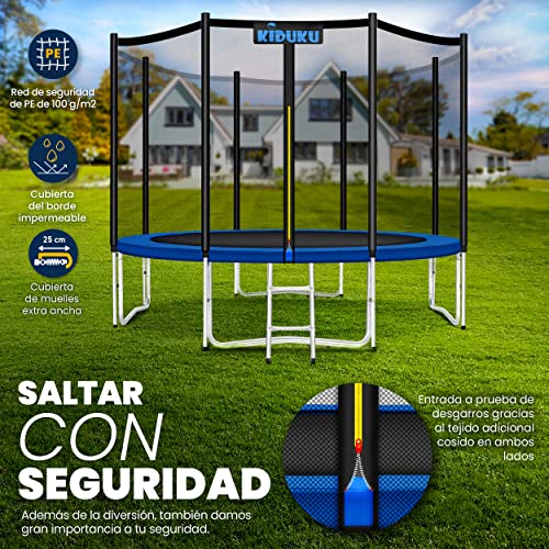 KIDUKU® Cama Elástica de Jardín Ø 305 cm | Set Completo con Red de Seguridad, Escalera, Cobertura, Anclajes y Accesorios | Trampolín Exterior Infantil Niños