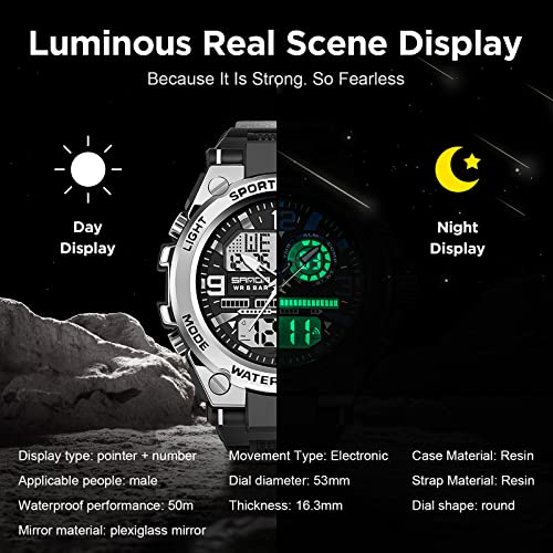 kieyeeno hombres relojes militares deportivos, impermeable a 5 ATM relojes con LED analógico digital relojes luz alarma y calendario fecha, plata, correa