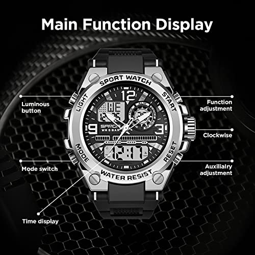 kieyeeno hombres relojes militares deportivos, impermeable a 5 ATM relojes con LED analógico digital relojes luz alarma y calendario fecha, plata, correa