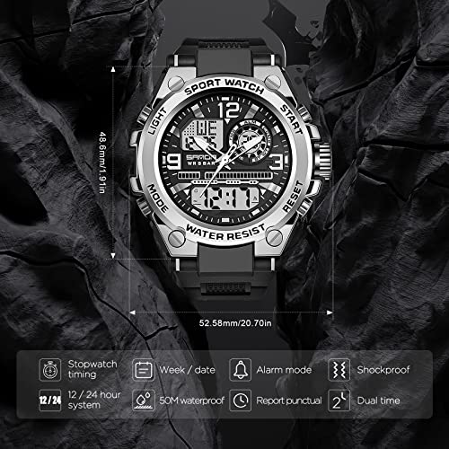 kieyeeno hombres relojes militares deportivos, impermeable a 5 ATM relojes con LED analógico digital relojes luz alarma y calendario fecha, plata, correa