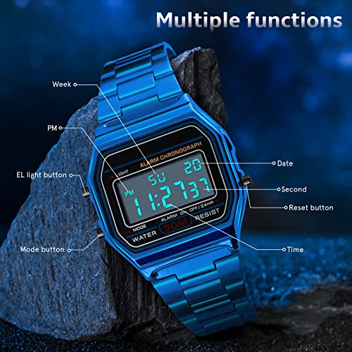 kieyeeno Reloj de pulsera digital de cuarzo, 30 m, impermeable, digital, esfera LCD, reloj para hombre, con correa de resina, multifunción, retroiluminación, LED, calendario de alarma, azul, pulsera