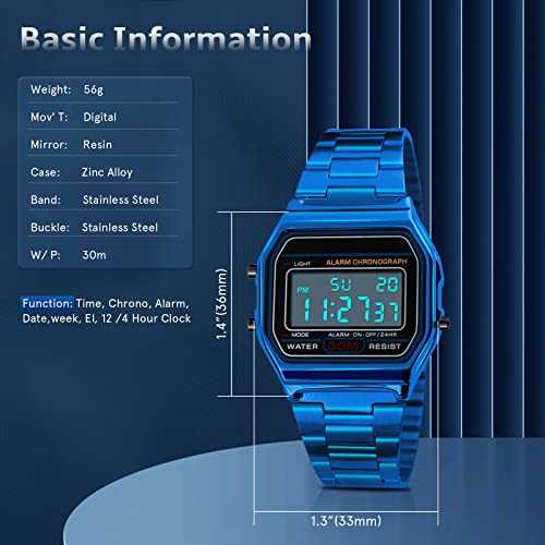 kieyeeno Reloj de pulsera digital de cuarzo, 30 m, impermeable, digital, esfera LCD, reloj para hombre, con correa de resina, multifunción, retroiluminación, LED, calendario de alarma, azul, pulsera