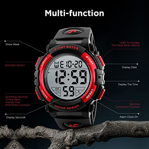 kieyeeno Relojes Deportivo Digital para Hombre Mujer, 50M Impermeable Reloj de Pulsera Esfera Grande con LED Cronómetro de Cuenta Regresiva 12/24H Rojo