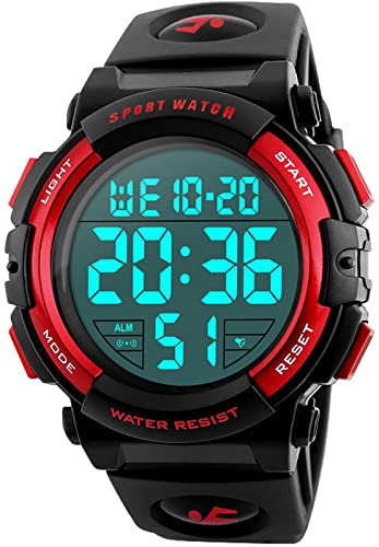 kieyeeno Relojes Deportivo Digital para Hombre Mujer, 50M Impermeable Reloj de Pulsera Esfera Grande con LED Cronómetro de Cuenta Regresiva 12/24H Rojo