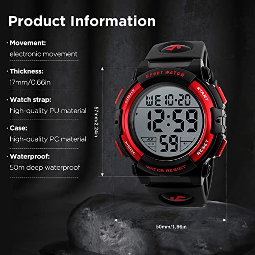 kieyeeno Relojes Deportivo Digital para Hombre Mujer, 50M Impermeable Reloj de Pulsera Esfera Grande con LED Cronómetro de Cuenta Regresiva 12/24H Rojo