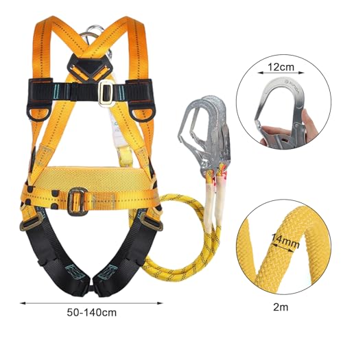 Kit de Arnés de Seguridad, Arnés de Protección Anticaídas de Seguridad, con 2 Hebillas Grandes y 2 Cordones de 2 m, Cinturón Ajustable, Carga de 150 kg, para Trabajos Aéreos, Escalada, Hombres