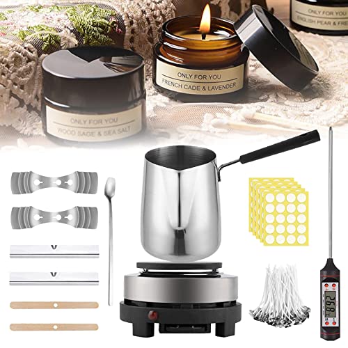 Kit de fabricación de velas de Cera Bricolage,600ml Cera y accesorios para la fabricación de velas perfumadas con mango antiquemaduras Placa de calentamiento electrónica para adultos principiantes