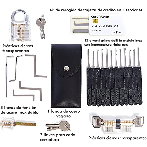 Kit de gancho de 30 piezas – 3 candados de entrenamiento transparentes + juego de gancho, tarjeta de crédito + bonificación guía electrónica para principiante y cerrajero profesional de LockCowboy