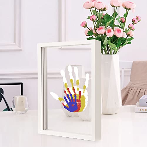 Kit de huellas dactilares familiares, marco de madera de recuerdo artesanal DIY, juego de regalo Endlos, pinturas no tóxicas, hojas transparentes (marrón) (White)