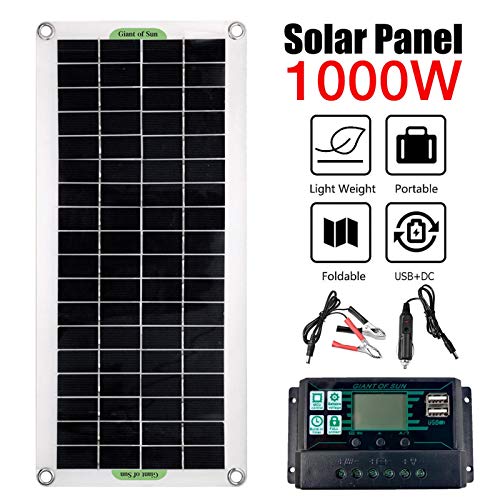 Kit de Panel Solar 1000W 12V Kit de Paquete Solar Monocristalino con Controlador de Carga Solar 13A,Cable de Extensión con Clips de Batería Terminal de Junta Tórica para Acampar,RV,Barco Marino