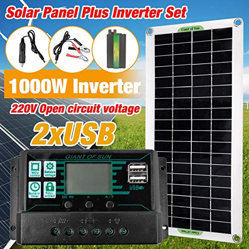 Kit de Panel Solar 1000W 12V Kit de Paquete Solar Monocristalino con Controlador de Carga Solar 13A,Cable de Extensión con Clips de Batería Terminal de Junta Tórica para Acampar,RV,Barco Marino