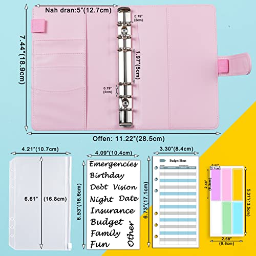 Kit de planificador presupuestario A6, organizador de dinero, cuaderno de piel con sobres de dinero, minas de presupuesto, pegatinas y etiqueta a juego, 7,4 x 5,71" (Harphia, NPNB-140F-A6 rosa)