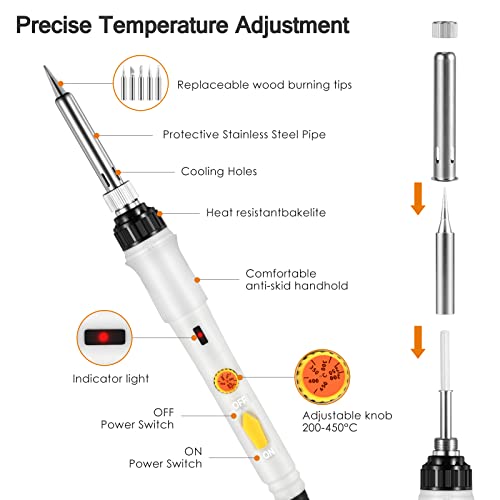 Kit Pirograbador de Madera SREMTCH 60W, 40 in 1 Temperatura Regulable 200°C y 450°C 30 Puntas y Accesorios,Soldador Electrico Profesional Herramientas Para Manualidades Cuero,Grabado