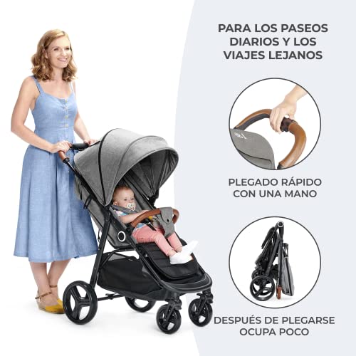 kk Kinderkraft GRANDE PLUS Silla de Paseo ligera desde Nacimiento hasta 22 kg, Plegado con una sola mano, Posición tumbada, Suspensión de todas ruedas, Capota grande XL, Grigio