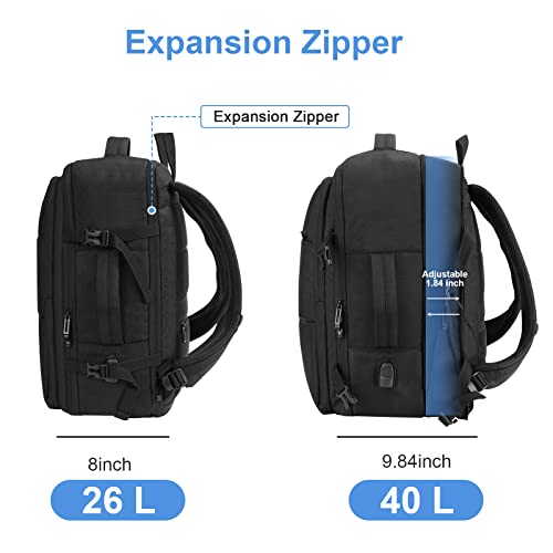 KKNE Mochila de viaje grande Expandible para montaña, cabina avion, Adecuado tanto para hombres como para mujeres, Con puerto de carga USB, Negro