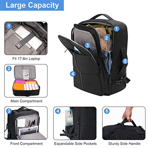 KKNE Mochila de viaje grande Expandible para montaña, cabina avion, Adecuado tanto para hombres como para mujeres, Con puerto de carga USB, Negro