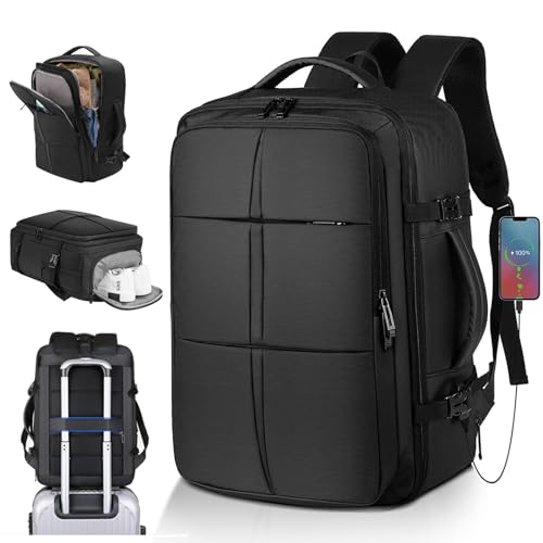 KKNE Mochila de viaje grande Expandible para montaña, cabina avion, Adecuado tanto para hombres como para mujeres, Con puerto de carga USB, Negro