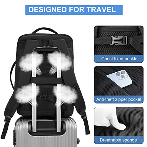 KKNE Mochila de viaje grande Expandible para montaña, cabina avion, Adecuado tanto para hombres como para mujeres, Con puerto de carga USB, Negro