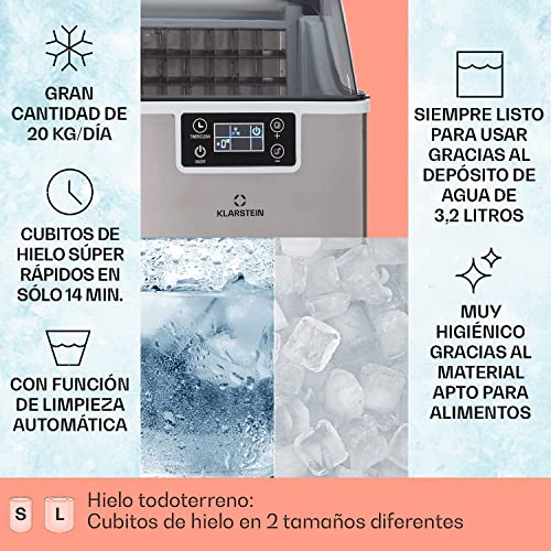 Klarstein Maquina de Hielo para Encimera, Maquina Hacer Cubitos de Hielo Domestica, Producción 20 kg., Depósito Agua Capacidad 3,2 l. Auto Limpieza, Ice Maker Sobremesa, Hielo Grande y Pequeño