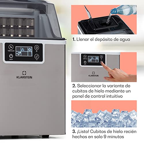 Klarstein Maquina de Hielo para Encimera, Maquina Hacer Cubitos de Hielo Domestica, Producción 20 kg., Depósito Agua Capacidad 3,2 l. Auto Limpieza, Ice Maker Sobremesa, Hielo Grande y Pequeño