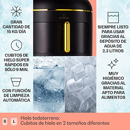 Klarstein Maquina de Hielo para Encimera, Maquina Hacer Cubitos de Hielo para Casa, Producción 15 kg, Depósito Agua Capacidad 2,3 l, Hielos Grandes y Pequeños, Ice Maker Sistema Auto Limpieza