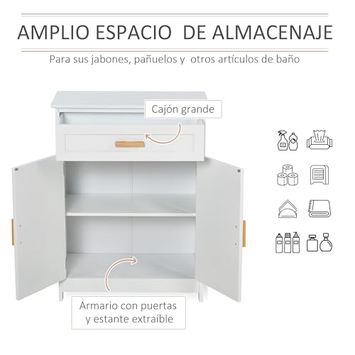 kleankin Armario Auxiliar para Baño Mueble de Baño Multifuncional con 1 Cajón 2 Puertas y Estante Ajustable Estilo Moderno 59x29x80 cm Blanco