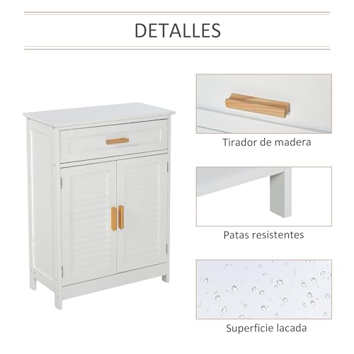 kleankin Armario Auxiliar para Baño Mueble de Baño Multifuncional con 1 Cajón 2 Puertas y Estante Ajustable Estilo Moderno 59x29x80 cm Blanco