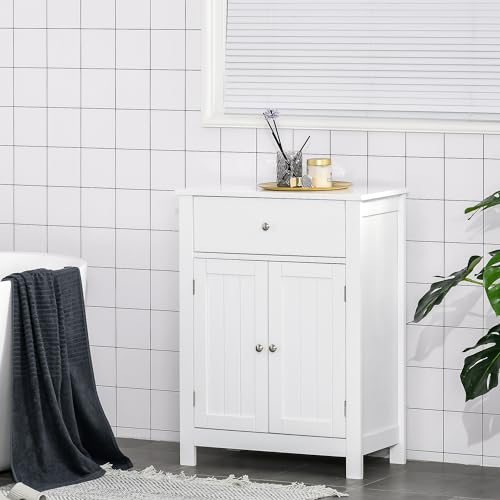 kleankin Armario de Baño de Almacenaje Multifuncional Mueble Auxiliar con 2 Puertas 1 Cajón y Estante Interior Ajustable Antivuelco para Cocina Salón 60x30x80 cm Blanco