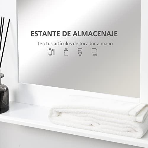 kleankin Espejo de Baño 50x11,5x60 cm Espejo de Pared Moderno con Estante de Almacenaje y Marco de Madera para Dormitorio Aseo Blanco