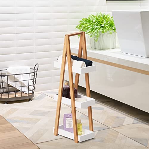 kleankin Estantería de Bambú para Baño con 3 Estantes de Almacenaje Mueble Organizador para Cocina Salón Lavadero 30x18x81 cm Natural y Blanco