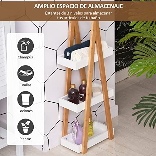 kleankin Estantería de Bambú para Baño con 3 Estantes de Almacenaje Mueble Organizador para Cocina Salón Lavadero 30x18x81 cm Natural y Blanco