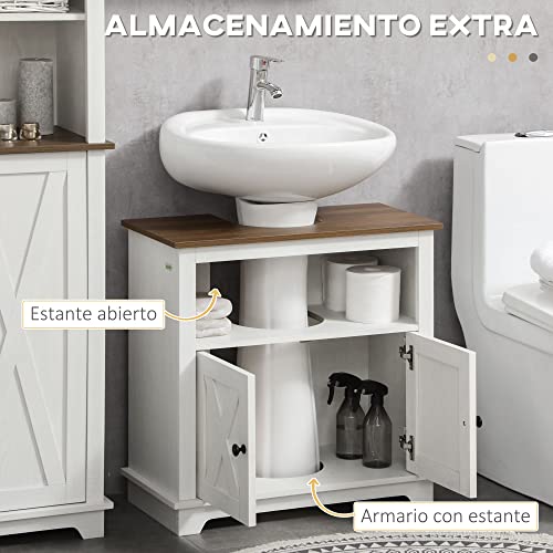 kleankin Mueble para Debajo del Lavabo de Madera Armario de Baño de Suelo Mueble Bajo Lavabo de Pie con 2 Puertas y Estante 60x30x60 cm Blanco