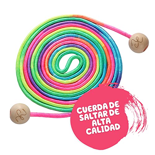 KLEINTOBER Cuerda de saltar para niños I Comba larga de 5 metros, ajustable y color arcoíris I con instrucciones de salto I ideal como regalo para juegos de salto en grupo