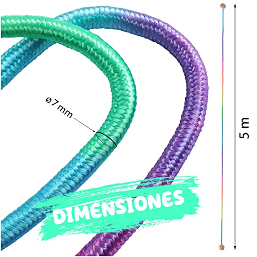 KLEINTOBER Cuerda de saltar para niños I Comba larga de 5 metros, ajustable y color arcoíris I con instrucciones de salto I ideal como regalo para juegos de salto en grupo