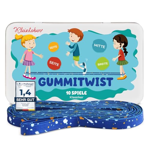 KLEINTOBER Goma elástica de Saltar para niños Premium I Juguete para Interior y Exterior I Banda Azul con Instrucciones para Juegos I Ideal para Fiestas de cumpleaños