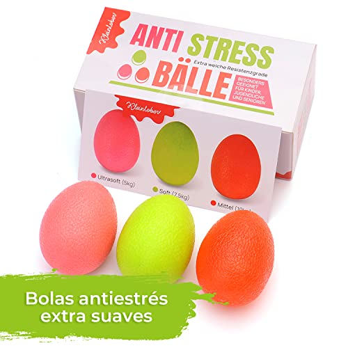 KLEINTOBER Pelotas antiestrés para manos | 3 bolas antiestres para rehabilitación, fortalecimiento de manos y dedos | Huevos desestresantes con diferentes niveles de resistencia