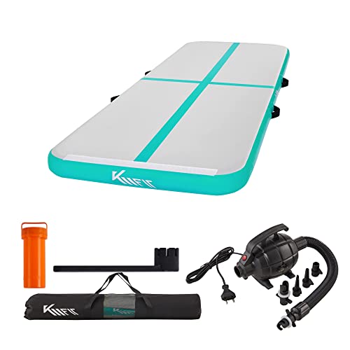 KM Fit - Esterilla de gimnasia inflable Airtrack para gimnasio, 3 m, color verde menta, incluye bolsa de transporte, bomba de aire eléctrica y juego de parches, resistente a los rayos UV