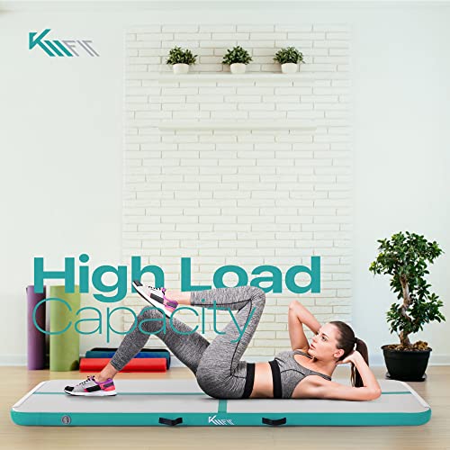 KM Fit - Esterilla de gimnasia inflable Airtrack para gimnasio, 5 m, color verde menta, incluye bolsa de transporte, bomba de aire eléctrica y juego de parches, resistente a los rayos UV