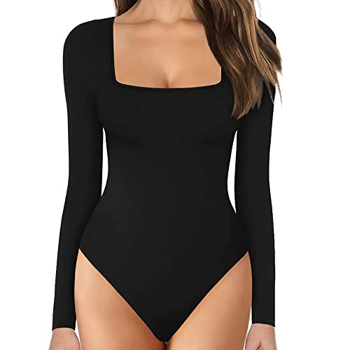 KOEMCY Body Mujer Sexy Bodies Vestir Manga Larga Elegante Mono de Negro Mujer Top Bodysuit (Negro, M)