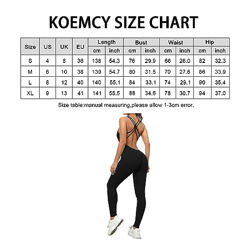 KOEMCY Mono para Mujer Descubierta Ropa Deportiva Jumpsuit Un Pieza sin Espalda Bodysuit para Yoga Gimnasio (Negro, XL)