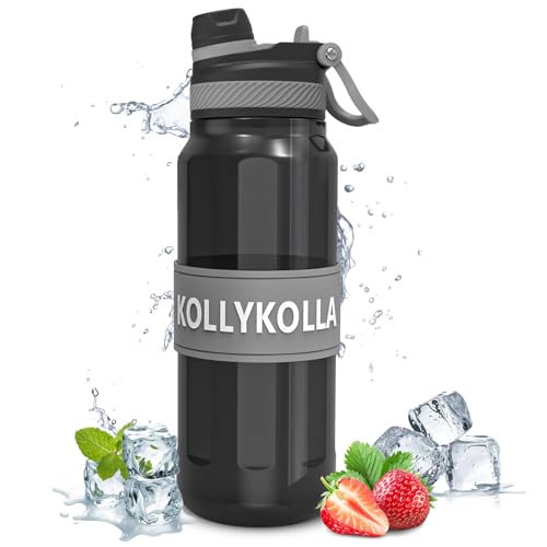 KollyKolla Botella Agua 1 Litro, Botella de Agua Deportiva con Pajita Tritan sin BPA, Reutilizable Botellas de Agua, Botella Agua Gimnasio para Niños & Adultos, Deporte, Oficina